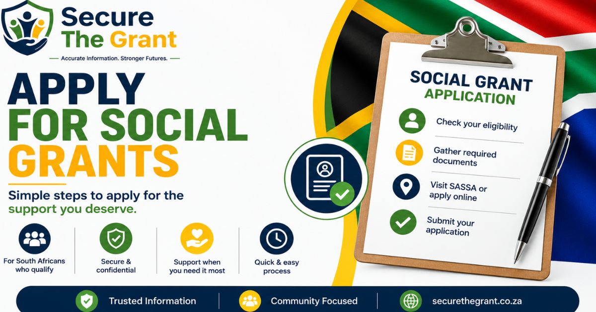 Card headed "Apply for Social Grants", beside a clipboard checklist: check your eligibility, gather required documents, visit SASSA or apply online, then submit.