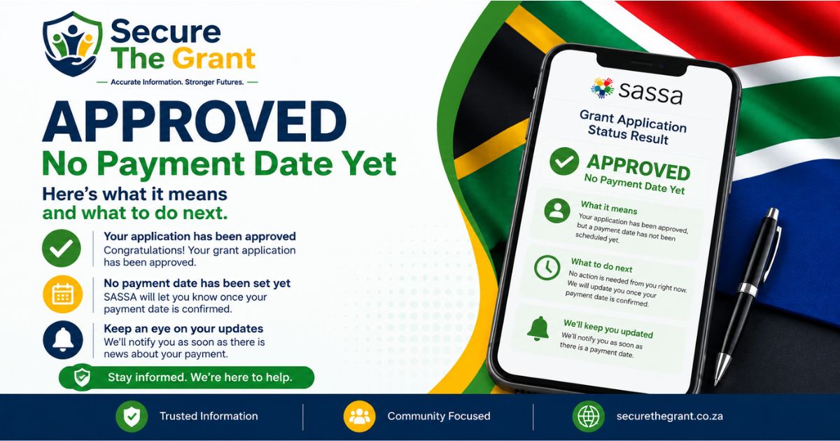 Card headed "Approved, No Payment Date Yet", beside a phone showing an approved SRD grant result with no payment date scheduled so far.