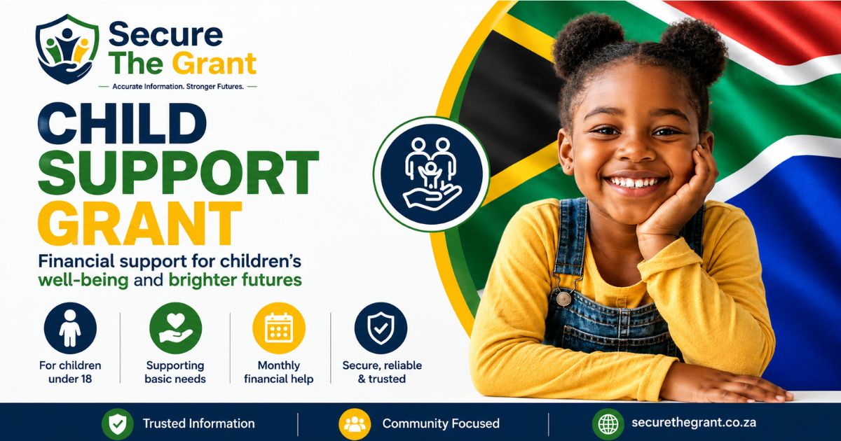 Card headed "Child Support Grant" showing a smiling young child, noting monthly financial support for children under 18.
