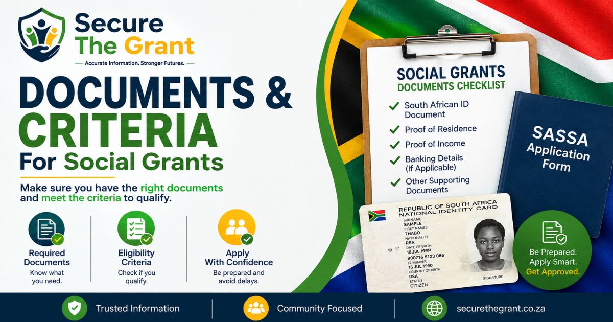 Card headed "Documents and Criteria for Social Grants", beside a checklist of South African ID, proof of residence, proof of income, banking details and supporting documents.
