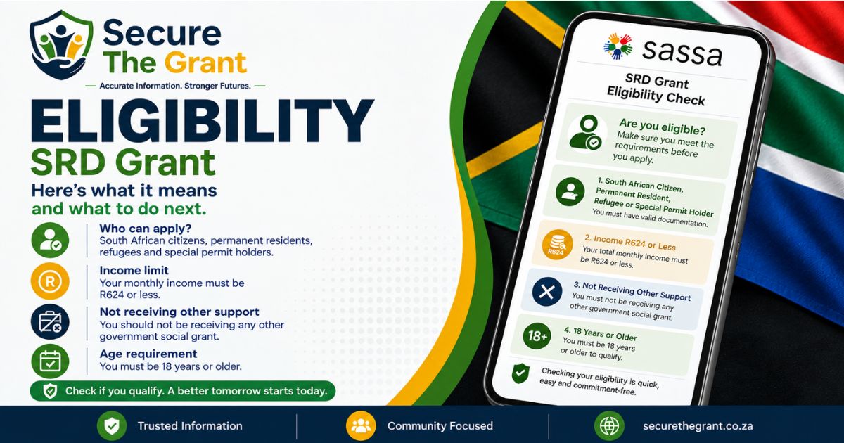 Card headed "Eligibility, SRD Grant", listing who can apply, the R624 monthly income limit, not receiving another government grant, and the age requirement.