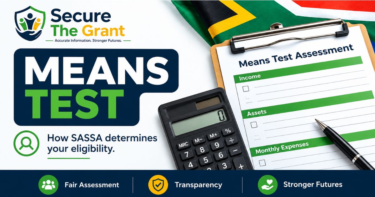 Card headed "Means Test", beside a calculator and an assessment form with sections for income, assets and monthly expenses.