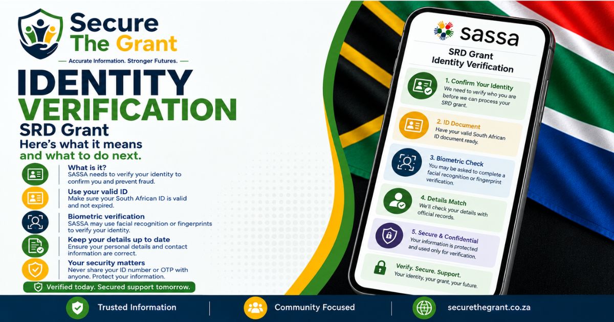 Card headed "Identity Verification, SRD Grant", listing a valid South African ID, a biometric check, matching details against official records, and never sharing an OTP.