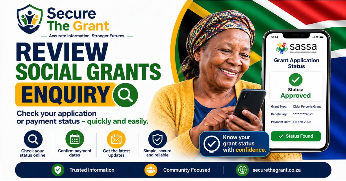 Card headed "Review Social Grants Enquiry", beside a phone showing an Older Person's Grant status of Approved with the payment date listed.