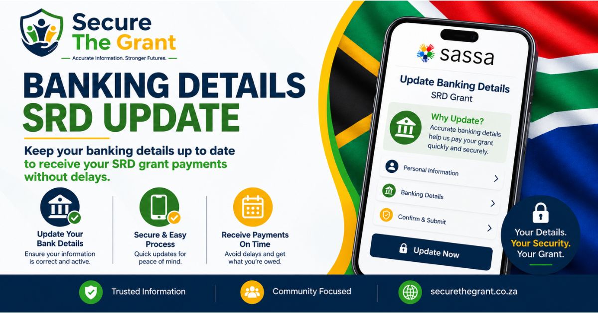 Card headed "Banking Details, SRD Update", beside a phone showing an update banking details screen with personal information, banking details and confirm steps.