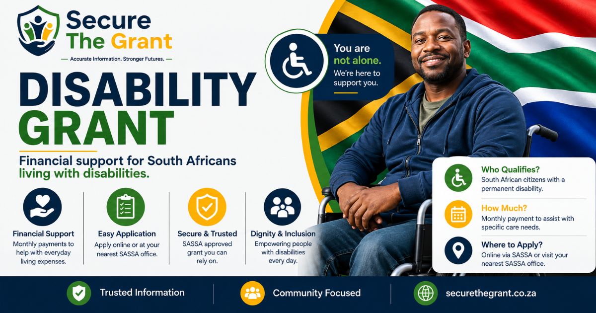 Card headed "Disability Grant" showing a man seated in a wheelchair, noting monthly financial support for South Africans living with a permanent disability.