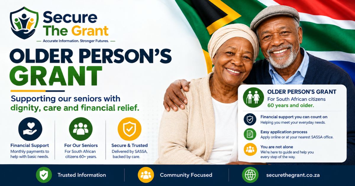 Card headed "Older Person's Grant" showing an older South African couple, noting the grant is for citizens aged 60 and older and paid monthly.