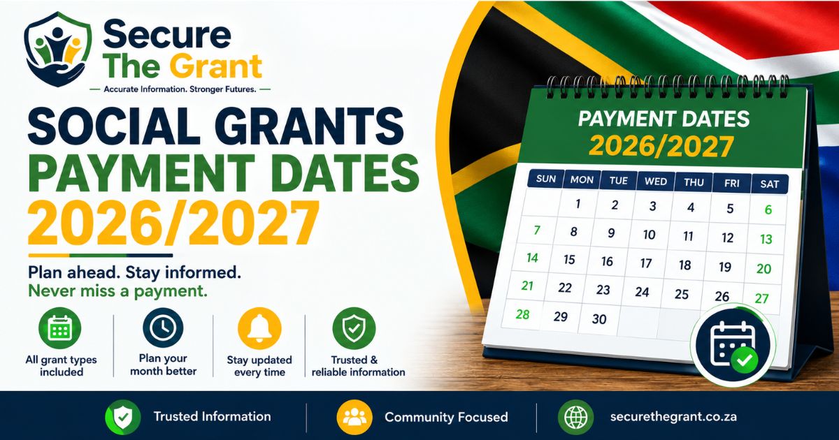 Card headed "Social Grants Payment Dates 2026/2027" beside a desk calendar, noting that all grant types are covered.