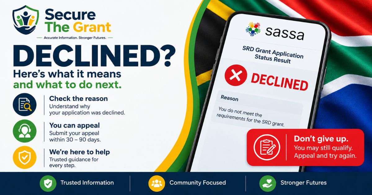 Card headed "Declined", beside a phone showing an SRD grant status result of Declined together with the reason given for it.