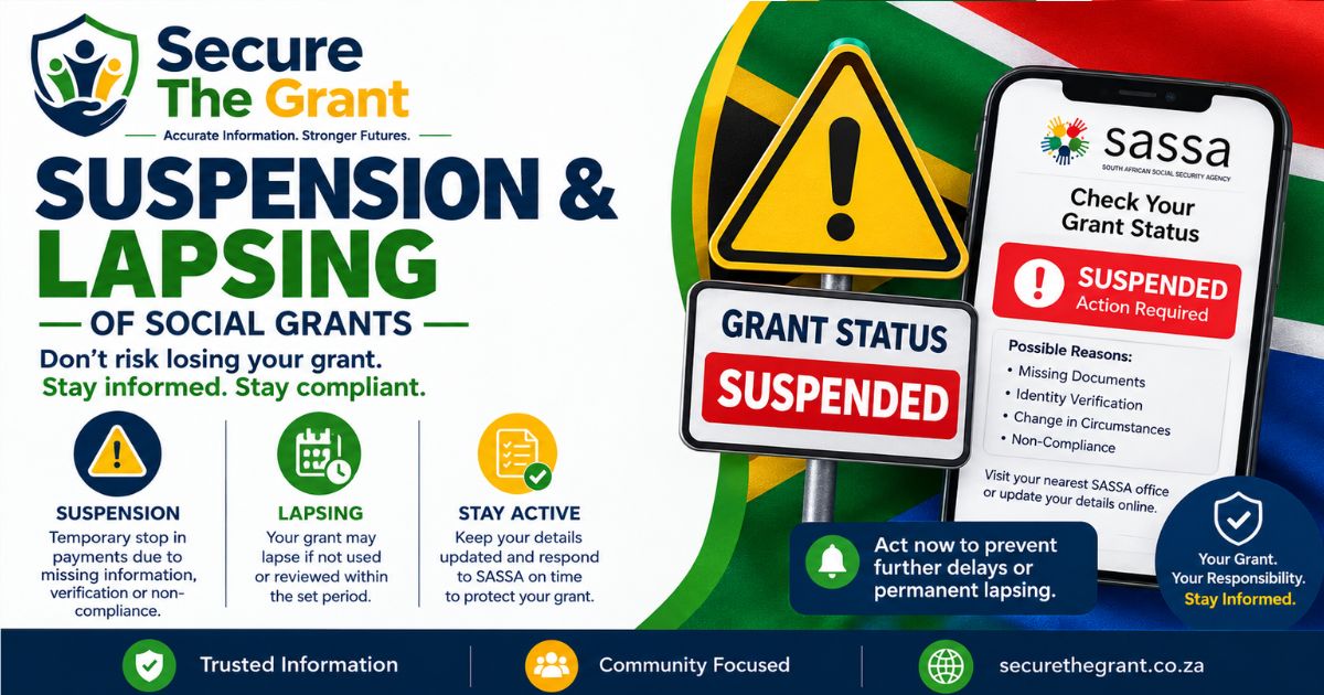 Card headed "Suspension and Lapsing of Social Grants", with a warning sign and a phone showing a Suspended grant status and its possible reasons.