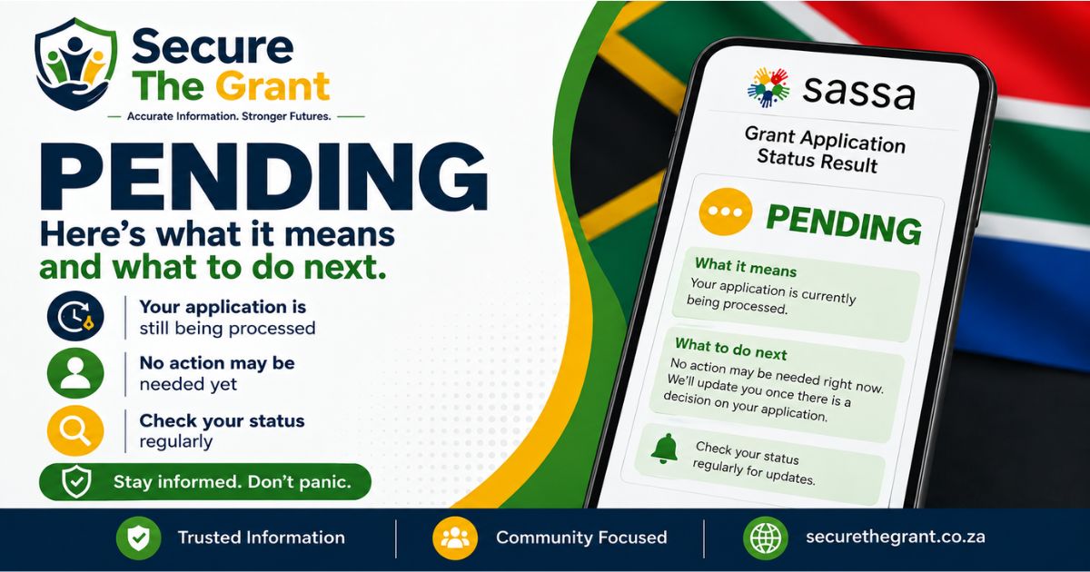 Card headed "Pending", beside a phone showing a grant application status of Pending while the application is still being processed.